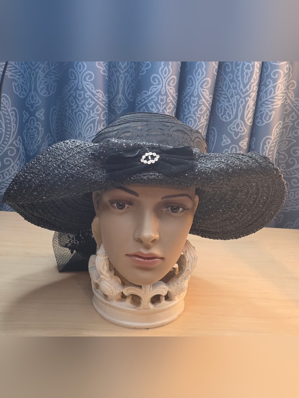 Black Victorian Style Wide Brim Dress Hat Church/Derby/Wedding Elegant Lace Vtg
